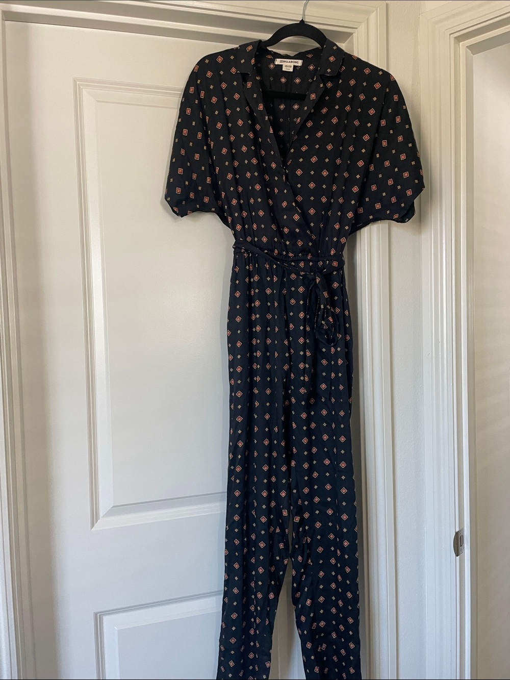Billabong Black Long-Sleeve Patterned Wrap Jumpsuit